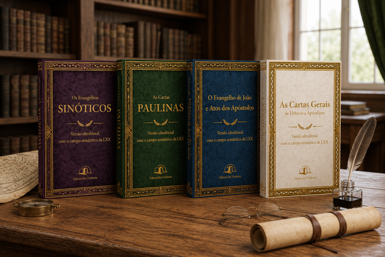Os quatro volumes do Novo Testamento ultraliteral reunidos sobre uma mesa